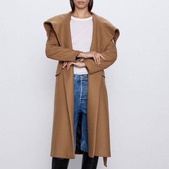 Zara Camel Wool Coat with Wrap Collar - Picture 3 of 10